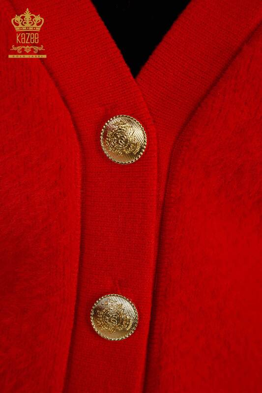 Cardigan cu ridicata pentru femei, buton detaliat roșu - 30626 | KAZEE