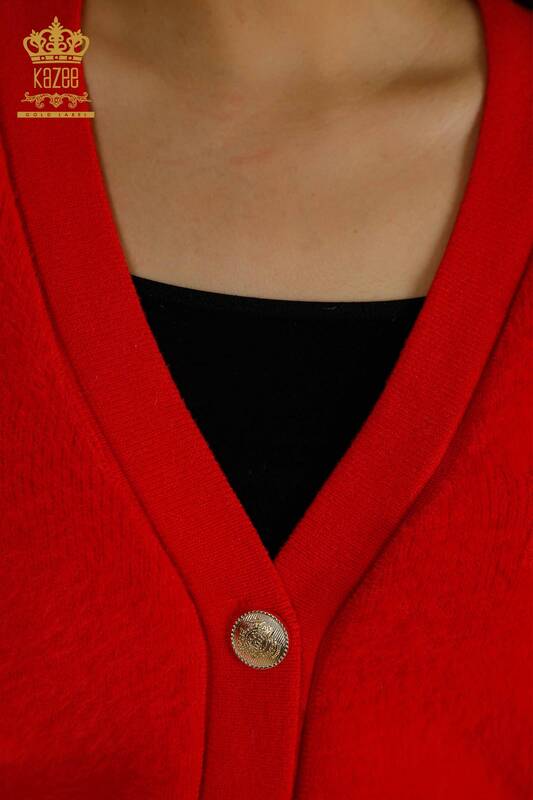Cardigan cu ridicata pentru femei, buton detaliat roșu - 30626 | KAZEE