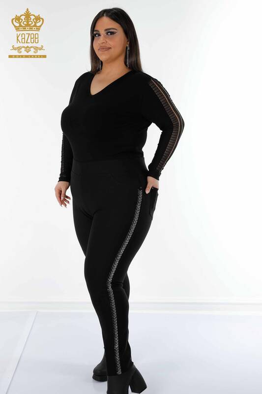 Pantaloni de damă cu ridicata cu detaliu de buzunar negru - 3586 | KAZEE