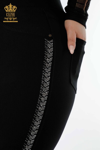 Pantaloni de damă cu ridicata cu detaliu de buzunar negru - 3586 | KAZEE - Thumbnail (2)