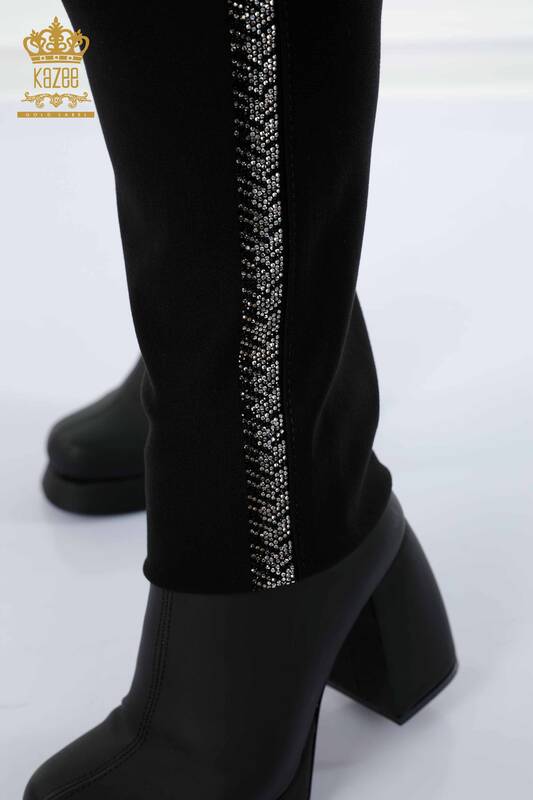 Pantaloni de damă cu ridicata cu detaliu de buzunar negru - 3586 | KAZEE