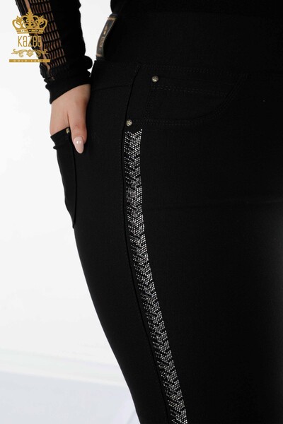 Pantaloni de damă cu ridicata cu detaliu de buzunar negru - 3586 | KAZEE - Thumbnail