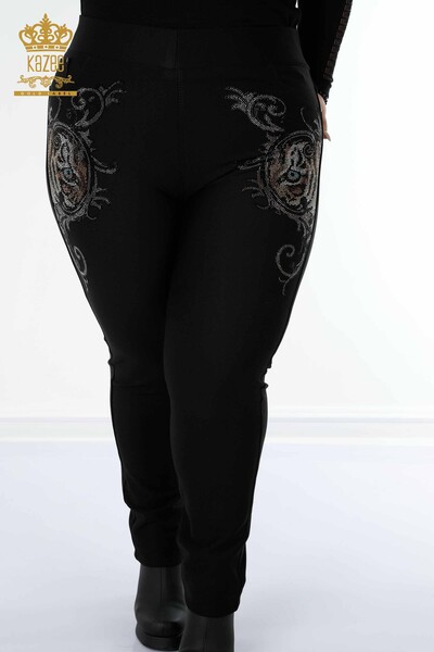 Kazee - Pantaloni de damă cu ridicata cu jambiere negri cu broderie cu pietre de cristal - 3647 | KAZEE (1)