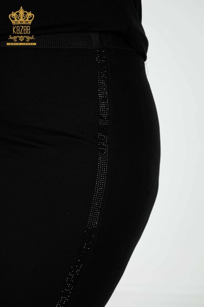 Pantaloni de damă cu ridicata cu dungi cu piatră de cristal brodat negru - 3462 | KAZEE - Thumbnail