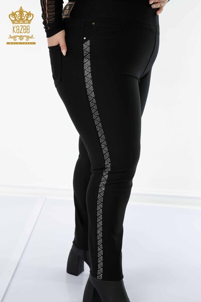 Pantaloni de damă cu ridicata Jambiere cu dungi cu piatră brodate Negru - 3595 | KAZEE - Thumbnail