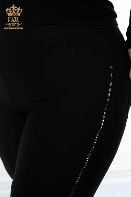 Pantaloni cu ridicata pentru damă, cu piatră, brodate negru - 3597 | KAZEE