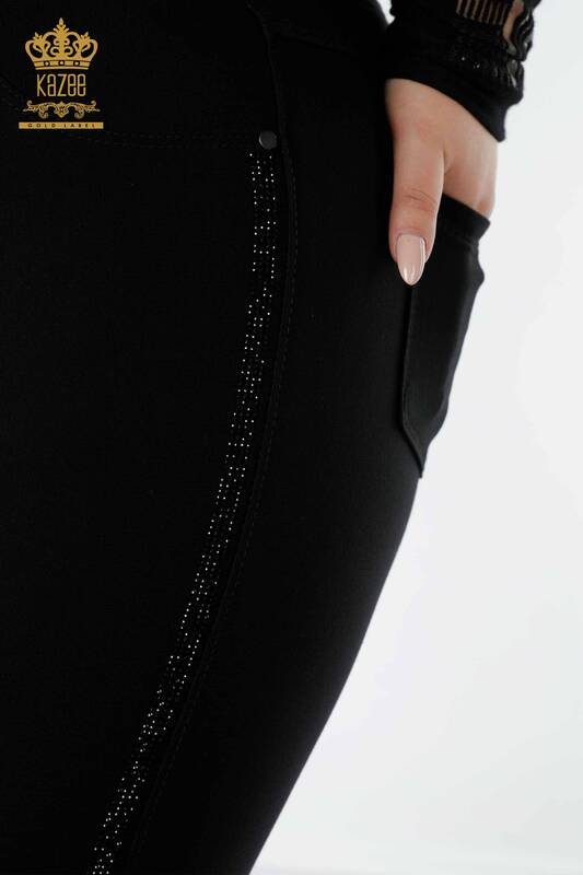 Pantaloni de damă cu ridicata, cu piatră, brodate negru - 3558 | KAZEE
