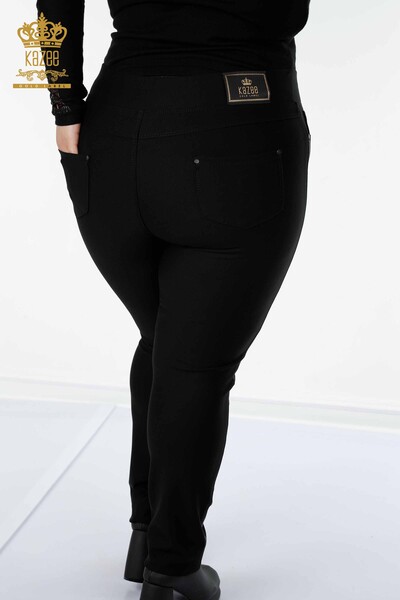 Pantaloni de damă cu ridicata, cu piatră, brodate negru - 3558 | KAZEE - Thumbnail