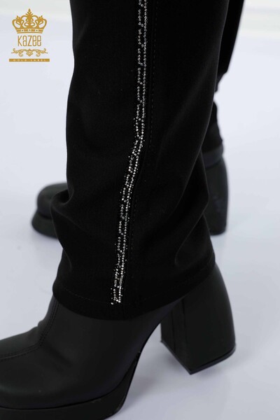 Pantaloni de damă cu ridicata Jambiere cu dungi cu piatră brodate Negru - 3584 | KAZEE - Thumbnail