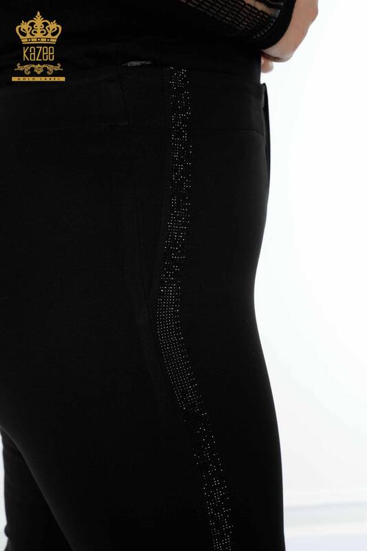 Pantaloni de damă cu ridicata, cu piatră, brodate negru - 3469 | KAZEE