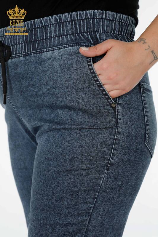 Pantaloni cu talie elastică pentru femei cu buzunare bleumarin - 3501 | KAZEE