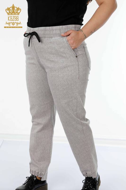 Pantaloni de damă cu talie elastică cu buzunare bej - 3501 | KAZEE