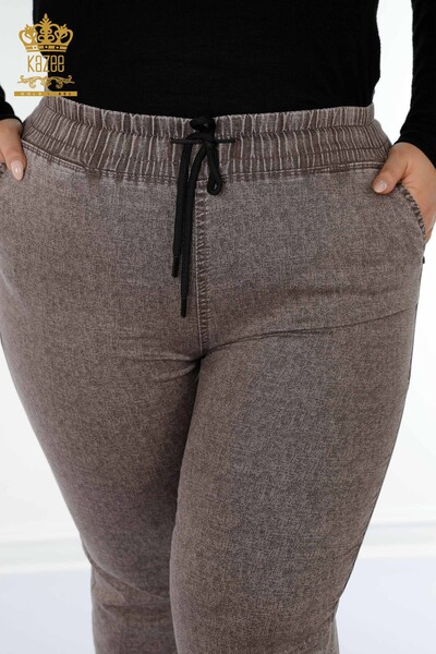 Pantaloni cu talie elastică pentru femei maro cu buzunare - 3501 | KAZEE - Thumbnail