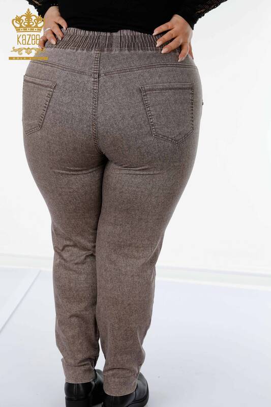 Pantaloni cu talie elastică pentru femei maro cu buzunare - 3501 | KAZEE