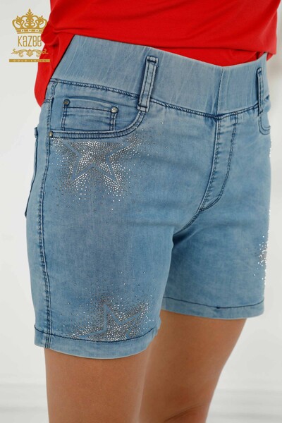 Pantaloni scurti de damă cu ridicata, cu model de stea brodat cu piatră, albastru - 3531 | KAZEE - Thumbnail (2)