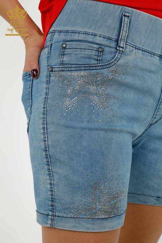 Pantaloni scurti de damă cu ridicata, cu model de stea brodat cu piatră, albastru - 3531 | KAZEE