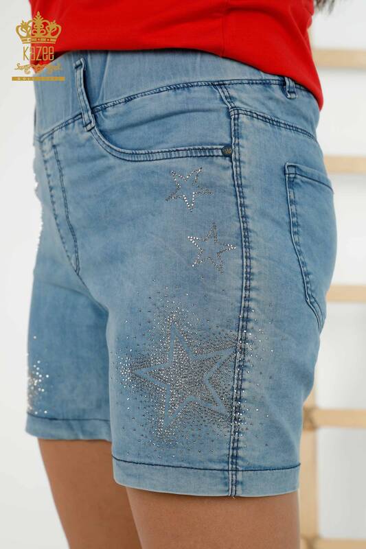Pantaloni scurti de damă cu ridicata, cu model de stea brodat cu piatră, albastru - 3531 | KAZEE