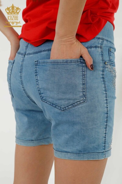 Pantaloni scurti de damă cu ridicata, cu model de stea brodat cu piatră, albastru - 3531 | KAZEE - Thumbnail