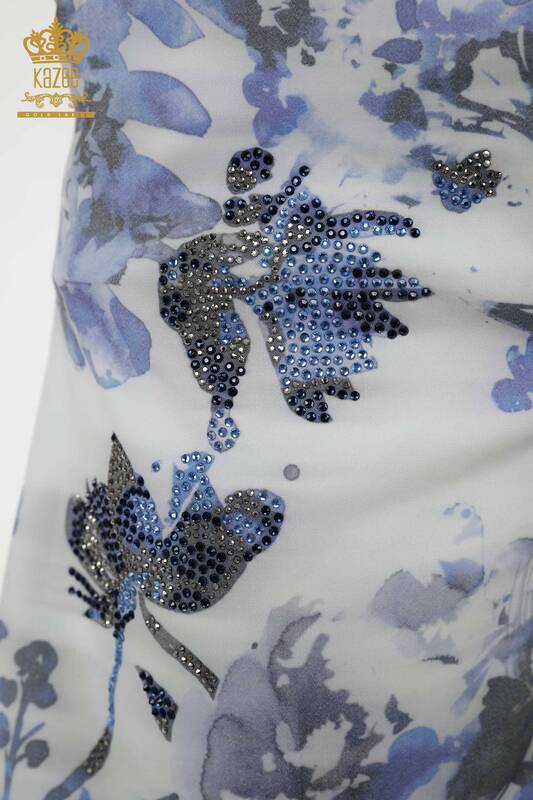 Pantaloni scurti de damă cu ridicata cu model de flori brodate cu piatră Albastru - 3655 | KAZEE