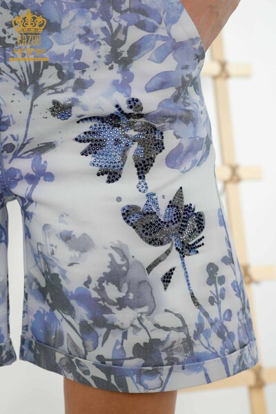 Pantaloni scurti de damă cu ridicata cu model de flori brodate cu piatră Albastru - 3655 | KAZEE - Thumbnail