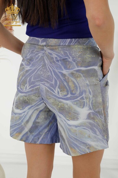Pantaloni scurți cu ridicata pentru damă, cu modele colorate, brodate cu piatră, albastru - 3640 | KAZEE - Thumbnail