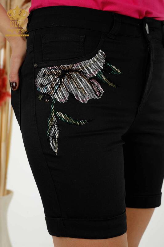 En-gros Pantaloni scurti dama cu model fluture brodat negru - 3525 | KAZEE