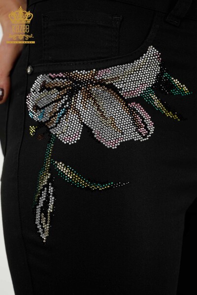 En-gros Pantaloni scurti dama cu model fluture brodat negru - 3525 | KAZEE - Thumbnail