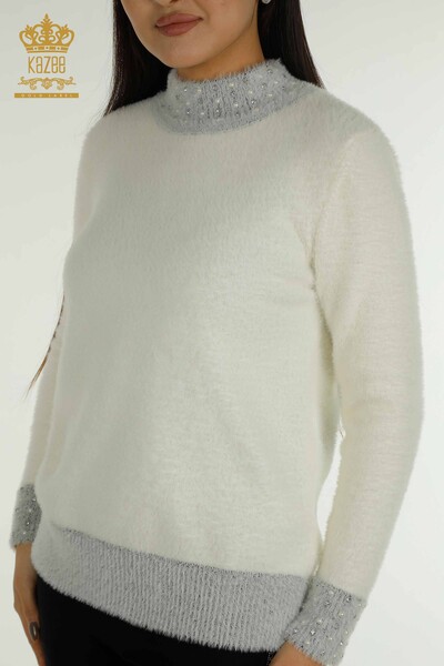 Tricotaj cu ridicata pentru femei - Cu margele de piatra - Angora - Ecru - 30668 | KAZEE - Thumbnail