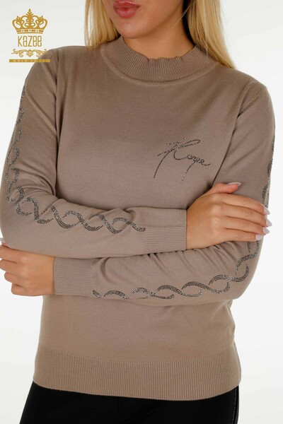 Pulover de tricotaje pentru femei cu ridicata - brodat cu piatra - nurca - 30553 | KAZEE - Thumbnail