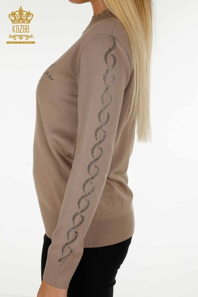 Pulover de tricotaje pentru femei cu ridicata - brodat cu piatra - nurca - 30553 | KAZEE - Thumbnail