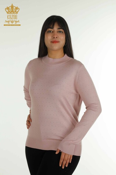 Pulover de tricotaje pentru femei cu ridicata - Brodat cu piatra - Pudra - 30677 | KAZEE - Thumbnail