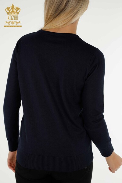 Pulover de tricotaj de damă cu ridicata - brodat cu piatră - bleumarin - 30594 | KAZEE - Thumbnail