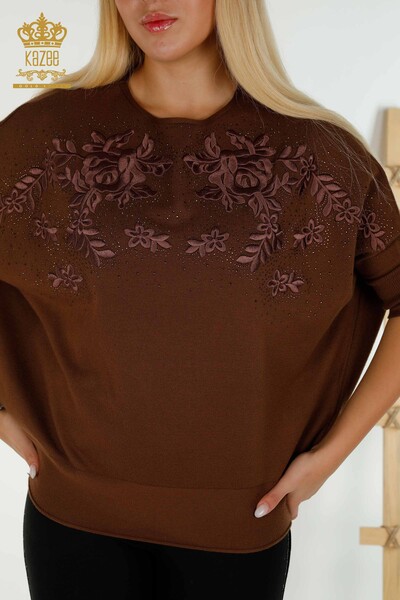 Pulover de tricotaj pentru femei cu ridicata - Cu Piatra brodat - maro - 16799 | KAZEE - Thumbnail