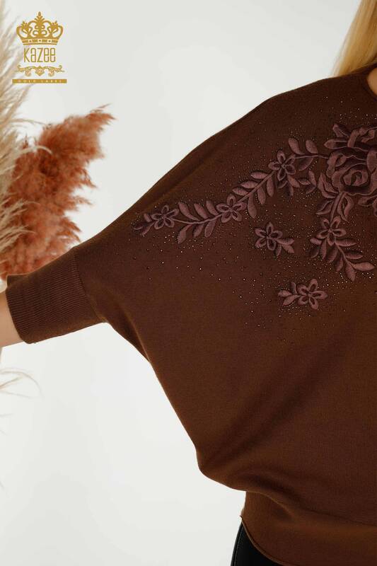 Pulover de tricotaj pentru femei cu ridicata - Cu Piatra brodat - maro - 16799 | KAZEE