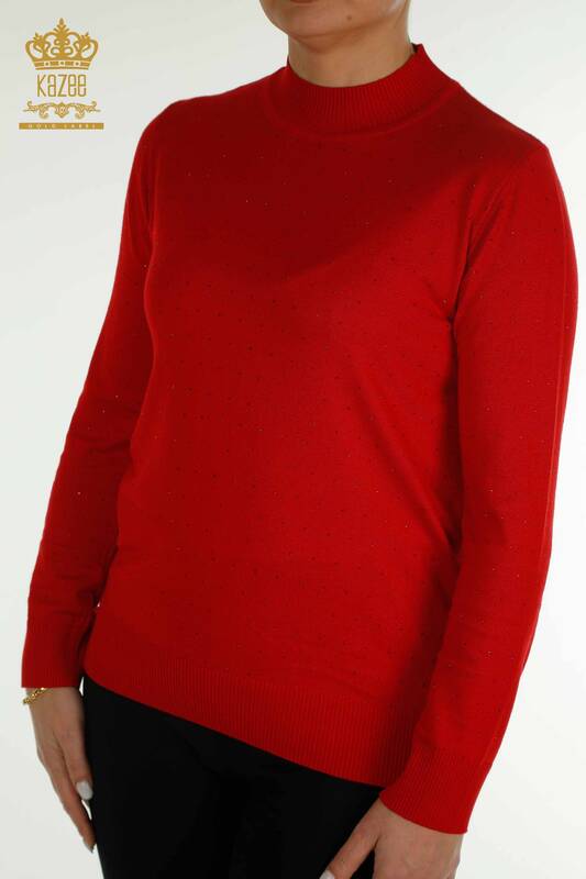 Pulover de tricotaj pentru femei - Piatra brodata - Rosu - 30677 | KAZEE