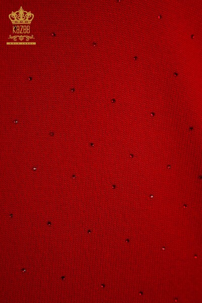 Pulover de tricotaj pentru femei - Piatra brodata - Rosu - 30677 | KAZEE - Thumbnail