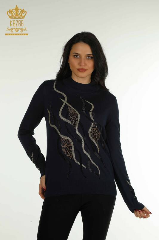 Pulover de tricotaj pentru femei cu ridicata - brodat cu piatra - bleumarin - 30096 | KAZEE