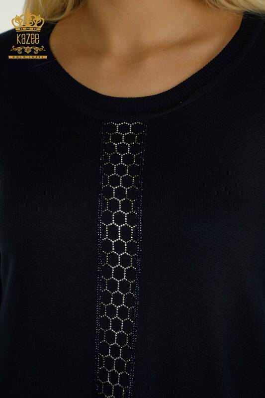 Pulover de tricotaj pentru femei cu ridicata - brodat cu piatra - bleumarin - 30601 | KAZEE