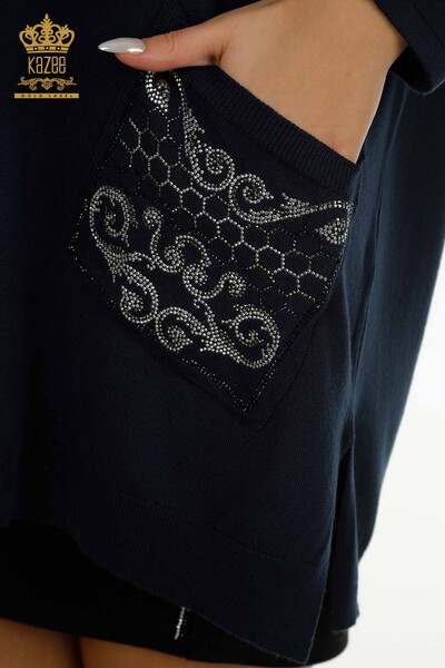 Pulover de tricotaj pentru femei cu ridicata - brodat cu piatra - bleumarin - 30601 | KAZEE - Thumbnail