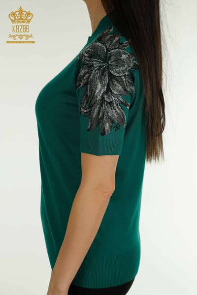 Pulover de tricotaj pentru femei cu ridicata - brodat cu piatra - verde - 30674 | KAZEE - Thumbnail