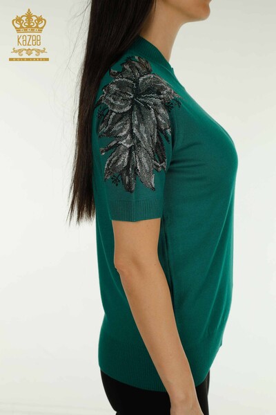 Pulover de tricotaj pentru femei cu ridicata - brodat cu piatra - verde - 30674 | KAZEE - Thumbnail
