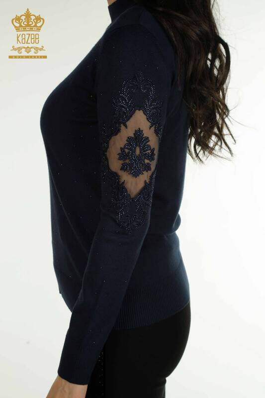Pulover de tricotaj pentru femei cu ridicata - Brodat - Albastru bleumarin - 30892 | KAZEE