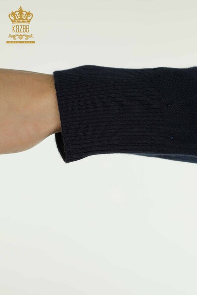 Pulover de tricotaj pentru femei cu ridicata - Brodat - Albastru bleumarin - 30892 | KAZEE - Thumbnail