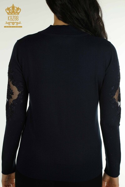 Pulover de tricotaj pentru femei cu ridicata - Brodat - Albastru bleumarin - 30892 | KAZEE - Thumbnail