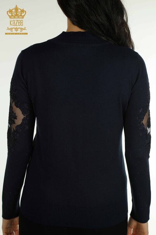 Pulover de tricotaj pentru femei cu ridicata - Brodat - Albastru bleumarin - 30892 | KAZEE