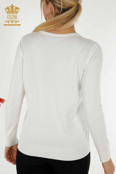 Pulover de tricotaj pentru femei cu ridicata - cu model de broderie - Ecru - 30652 | KAZEE - Thumbnail