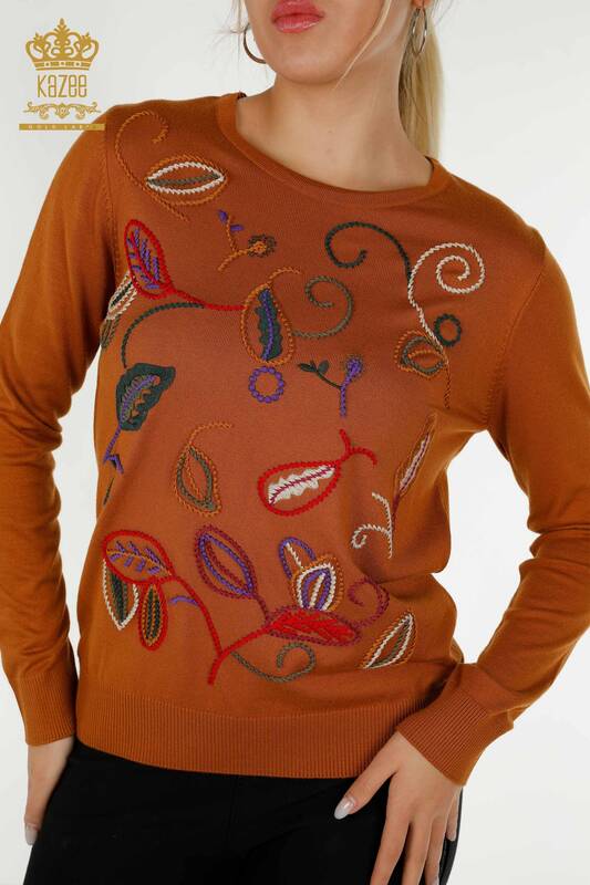 Pulover de tricotaje pentru femei cu ridicata - Broderie - Cu model - Maronie - 30652 | KAZEE