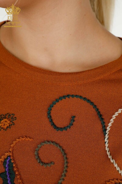 Pulover de tricotaje pentru femei cu ridicata - Broderie - Cu model - Maronie - 30652 | KAZEE - Thumbnail