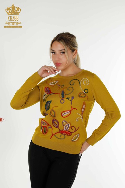 Pulover de tricotaj pentru femei cu ridicata - cu model de broderie - mustar - 30652 | KAZEE - Thumbnail