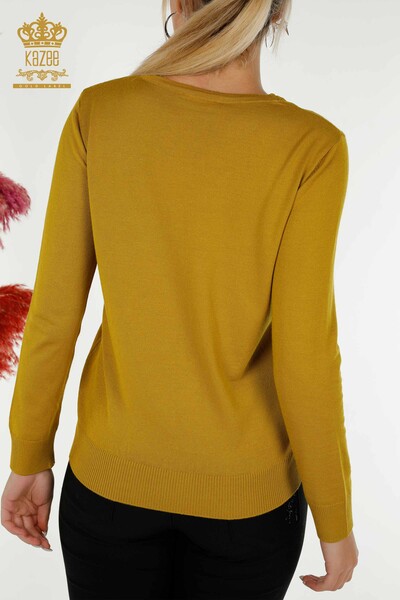 Pulover de tricotaj pentru femei cu ridicata - cu model de broderie - mustar - 30652 | KAZEE - Thumbnail